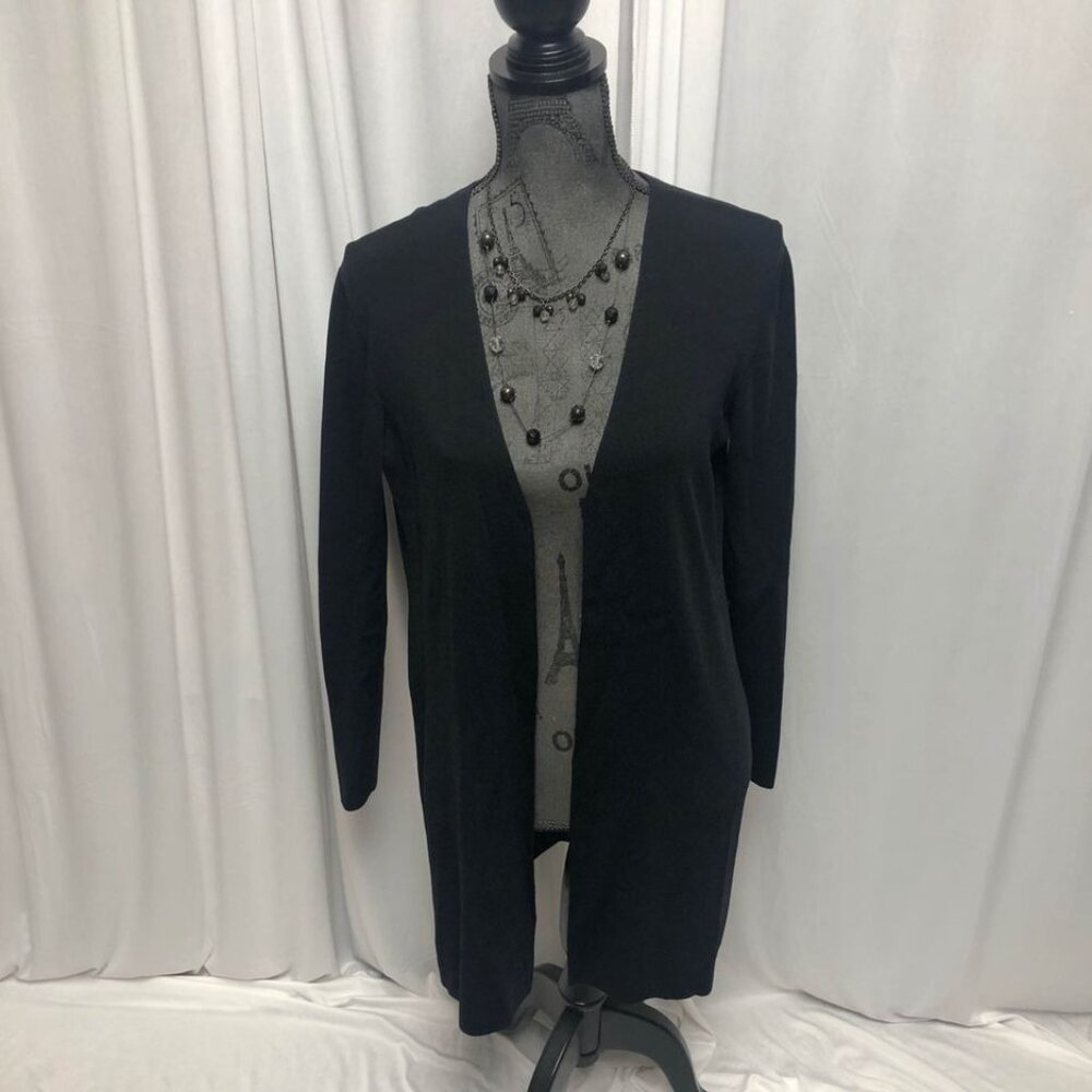 Pointelle Cardigan Womens Size Small Black Open Front Long Sweater Layering